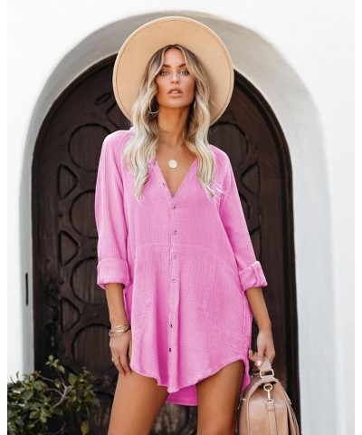 Women's Long Sleeve Cotton Button Down Tunic Dresses Beach Cover-ups Oversized Blouse Tops with Pockets 3_light Rose Pink $20...