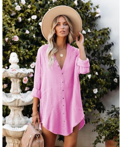 Women's Long Sleeve Cotton Button Down Tunic Dresses Beach Cover-ups Oversized Blouse Tops with Pockets 3_light Rose Pink $20...