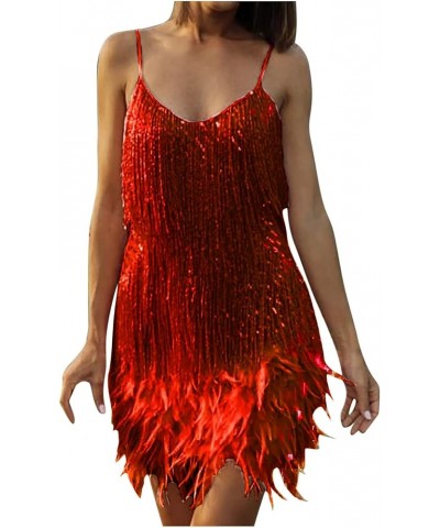 Womens Sequin Feather Fringe Cami Dress Sexy Sleeveless Spaghetti Strap Party Dress Cocktail Evening Mini Bodycon Dress Red $...