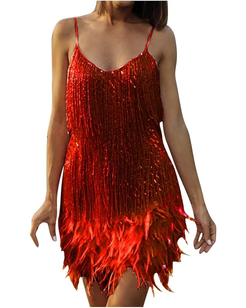 Womens Sequin Feather Fringe Cami Dress Sexy Sleeveless Spaghetti Strap Party Dress Cocktail Evening Mini Bodycon Dress Red $...