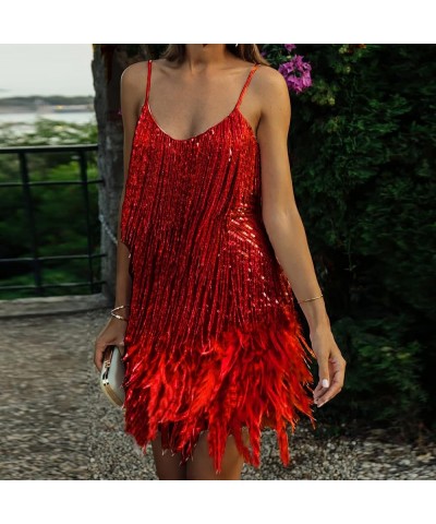 Womens Sequin Feather Fringe Cami Dress Sexy Sleeveless Spaghetti Strap Party Dress Cocktail Evening Mini Bodycon Dress Red $...