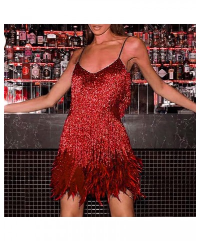 Womens Sequin Feather Fringe Cami Dress Sexy Sleeveless Spaghetti Strap Party Dress Cocktail Evening Mini Bodycon Dress Red $...