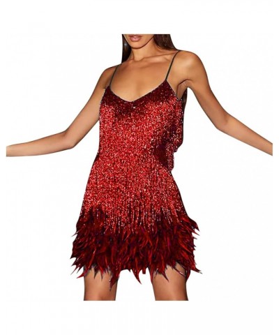 Womens Sequin Feather Fringe Cami Dress Sexy Sleeveless Spaghetti Strap Party Dress Cocktail Evening Mini Bodycon Dress Red $...