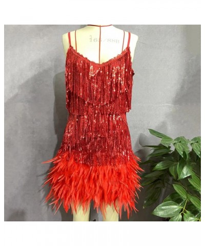 Womens Sequin Feather Fringe Cami Dress Sexy Sleeveless Spaghetti Strap Party Dress Cocktail Evening Mini Bodycon Dress Red $...