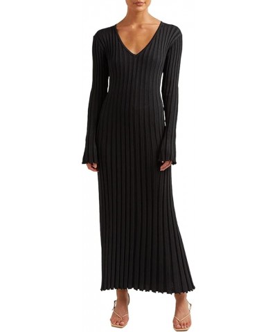 Women Bell Long Sleeve Knit Maxi Dress Crewneck Ribbed Bodycon Long Dress Slim Fit Y2K Sweater Dress Streetwear B-black V Nec...