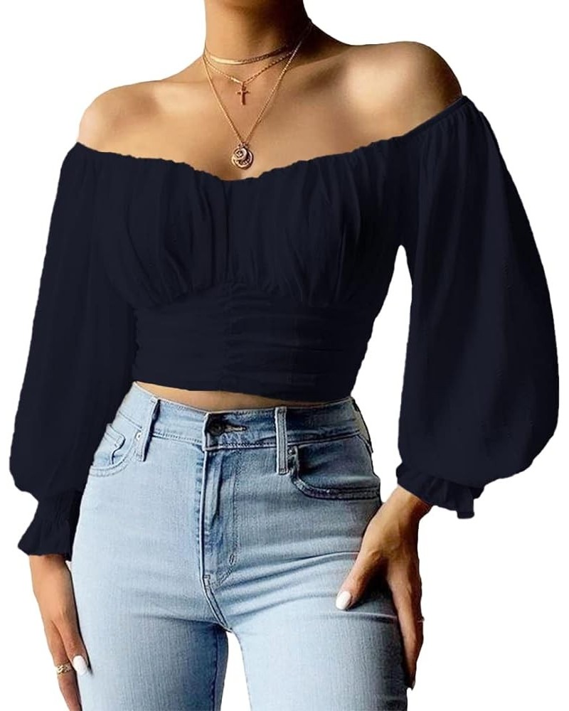 Womens Elegant Off The Shoulder Puff Sleeve Blouse Summer Chiffon Slim Fit Party Crop Top Dark Blue $17.15 Blouses