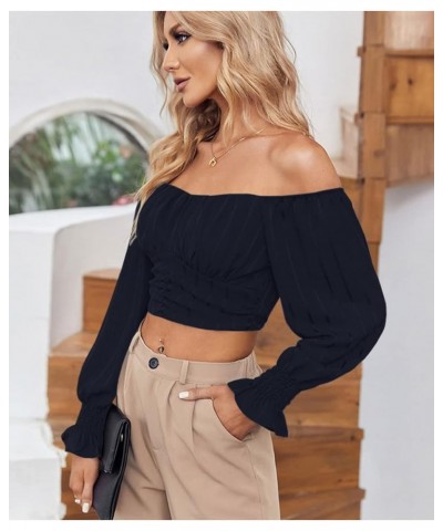 Womens Elegant Off The Shoulder Puff Sleeve Blouse Summer Chiffon Slim Fit Party Crop Top Dark Blue $17.15 Blouses