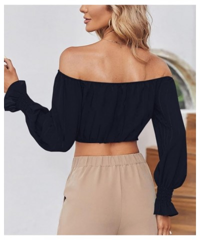 Womens Elegant Off The Shoulder Puff Sleeve Blouse Summer Chiffon Slim Fit Party Crop Top Dark Blue $17.15 Blouses