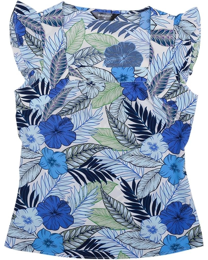 Women's Tropical Printed Square Neck Ruffle Sleeve Tank Top Light Blue $17.99 Tanks