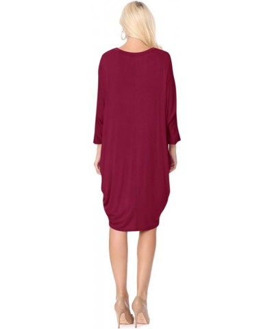 Women's Plus Size Round Neck Draped Side 3/4 Dolman Sleeves Dress Made in USA Mdr00733 Burgundy $14.97 Dresses