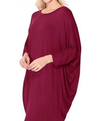 Women's Plus Size Round Neck Draped Side 3/4 Dolman Sleeves Dress Made in USA Mdr00733 Burgundy $14.97 Dresses