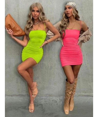 Women's Sexy Bodycon Party Dresses Spaghetti Strap Ruched Mini Club Dress Fluo Pink $15.36 Dresses