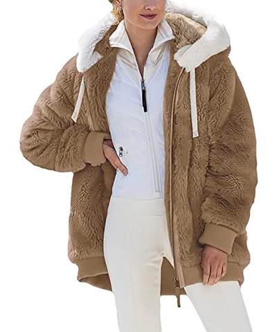 Women Oversized Fuzzy Fleece Color Block Faux Shearling Coat Warm Hooded Zip Up Winter Jacket with Pockets 1 Khaki $7.64 Jackets