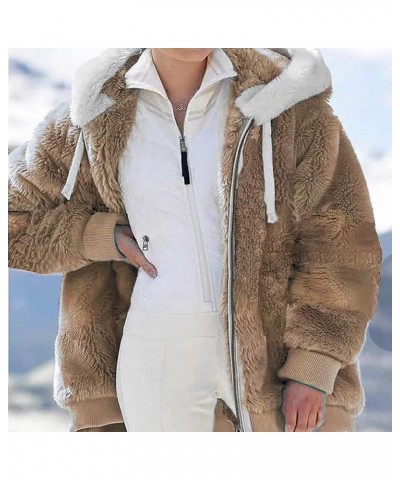 Women Oversized Fuzzy Fleece Color Block Faux Shearling Coat Warm Hooded Zip Up Winter Jacket with Pockets 1 Khaki $7.64 Jackets