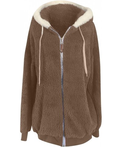 Women Oversized Fuzzy Fleece Color Block Faux Shearling Coat Warm Hooded Zip Up Winter Jacket with Pockets 1 Khaki $7.64 Jackets