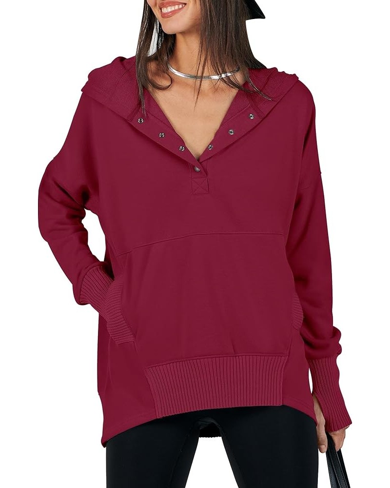 Women Casual Button V Neck Hoodies Oversized Pullover Sweatshirt Hooded Sweater Tops with Pockets Burdungy $20.24 Others