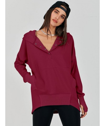 Women Casual Button V Neck Hoodies Oversized Pullover Sweatshirt Hooded Sweater Tops with Pockets Burdungy $20.24 Others