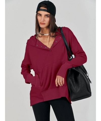 Women Casual Button V Neck Hoodies Oversized Pullover Sweatshirt Hooded Sweater Tops with Pockets Burdungy $20.24 Others