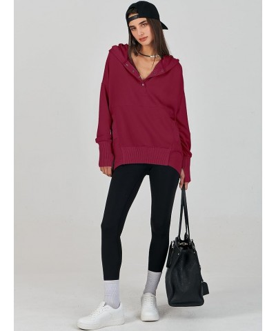 Women Casual Button V Neck Hoodies Oversized Pullover Sweatshirt Hooded Sweater Tops with Pockets Burdungy $20.24 Others