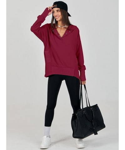 Women Casual Button V Neck Hoodies Oversized Pullover Sweatshirt Hooded Sweater Tops with Pockets Burdungy $20.24 Others