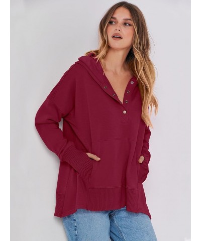 Women Casual Button V Neck Hoodies Oversized Pullover Sweatshirt Hooded Sweater Tops with Pockets Burdungy $20.24 Others