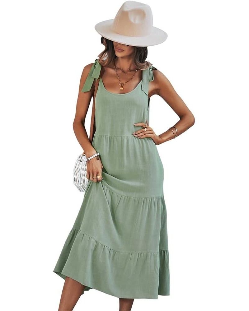 Women's Summer Adjustable Spaghetti Strap Solid Ruffle Swing Midi Dress Green $20.95 Dresses