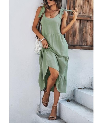 Women's Summer Adjustable Spaghetti Strap Solid Ruffle Swing Midi Dress Green $20.95 Dresses