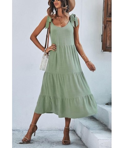 Women's Summer Adjustable Spaghetti Strap Solid Ruffle Swing Midi Dress Green $20.95 Dresses