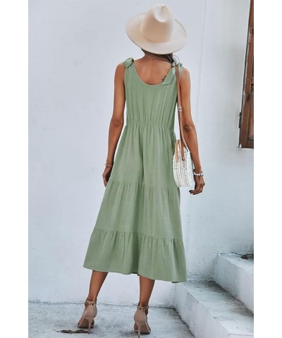 Women's Summer Adjustable Spaghetti Strap Solid Ruffle Swing Midi Dress Green $20.95 Dresses