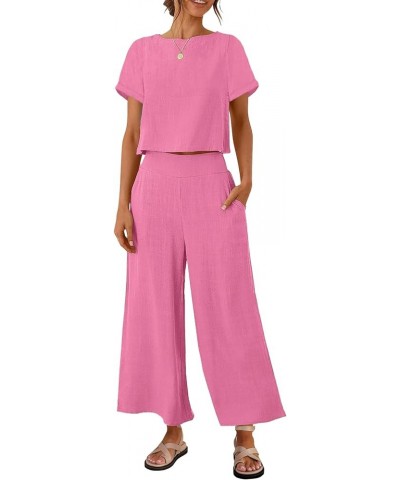 Women's 2 Piece Outfits Linen Short Sleeve Crop Top and High Waist Pants Lounge Matching Set 2024 Trendy Clothes Hotpink $16....