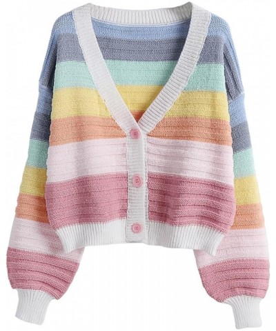 Women's Color Block V Neck Button Front Knit Cardigan Sweater Outerwear Rainbow $20.24 Sweaters