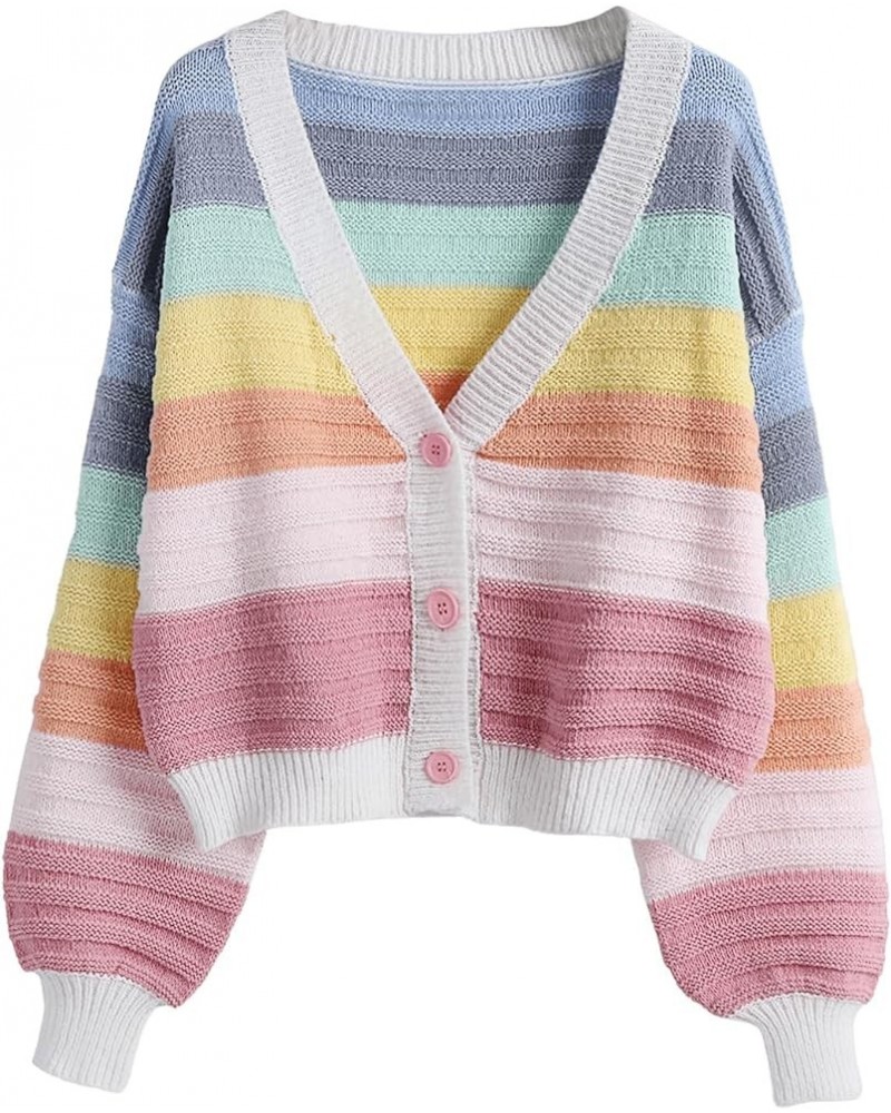 Women's Color Block V Neck Button Front Knit Cardigan Sweater Outerwear Rainbow $20.24 Sweaters