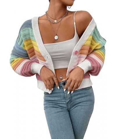 Women's Color Block V Neck Button Front Knit Cardigan Sweater Outerwear Rainbow $20.24 Sweaters