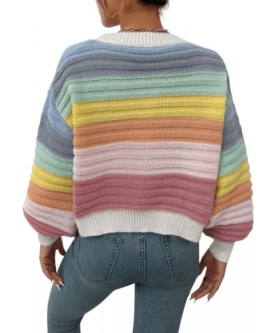 Women's Color Block V Neck Button Front Knit Cardigan Sweater Outerwear Rainbow $20.24 Sweaters