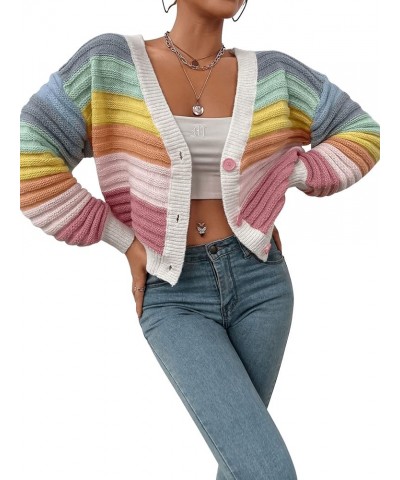 Women's Color Block V Neck Button Front Knit Cardigan Sweater Outerwear Rainbow $20.24 Sweaters