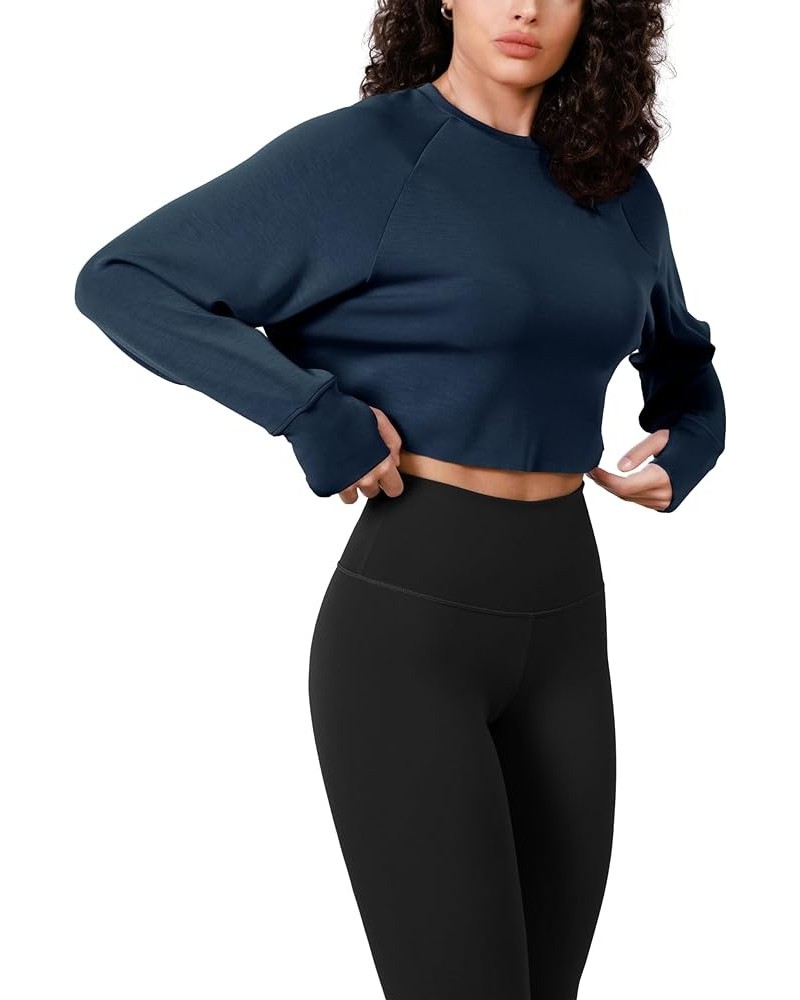 Modal Soft Long Sleeve Cropped Sweatshirts with Thumb Hole for Women Crew Neck Pullover Crop Top Navy $18.19 Activewear