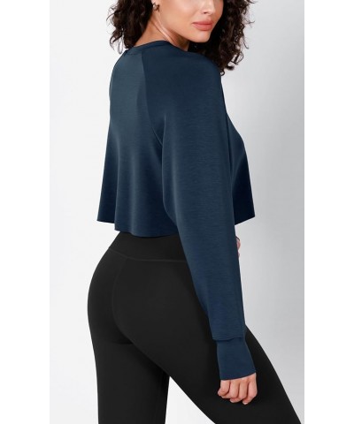 Modal Soft Long Sleeve Cropped Sweatshirts with Thumb Hole for Women Crew Neck Pullover Crop Top Navy $18.19 Activewear