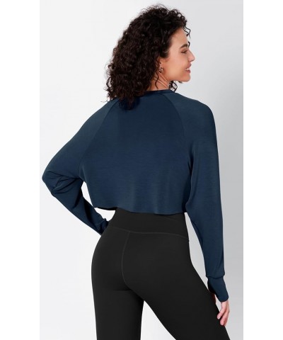 Modal Soft Long Sleeve Cropped Sweatshirts with Thumb Hole for Women Crew Neck Pullover Crop Top Navy $18.19 Activewear