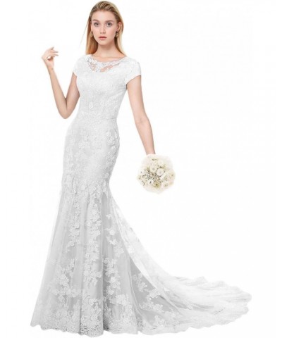 Modest Wedding Dress for Bride Short Sleeves Sheath Floral Lace-2-Pure White $70.88 Dresses