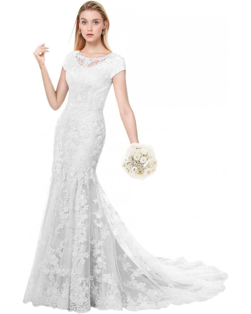 Modest Wedding Dress for Bride Short Sleeves Sheath Floral Lace-2-Pure White $70.88 Dresses