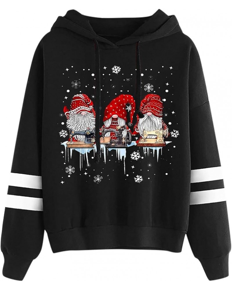 Womens Pullover Rolling with My Gnomies Christmas Striped Hoodie Funny Trendy Deer Hoodies Drawstring 2023 Autum Xmas Black-e...