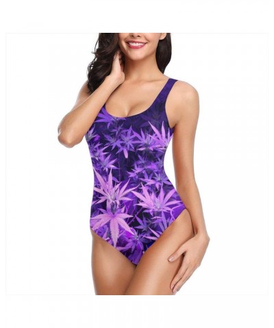 Purple Weed Marijuana Leaf Women's One Piece Swimsuits Low Back Bathing Suit Bikini Swimwear White $7.30 Swimsuits