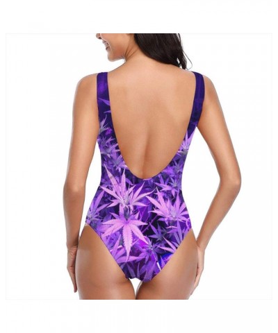 Purple Weed Marijuana Leaf Women's One Piece Swimsuits Low Back Bathing Suit Bikini Swimwear White $7.30 Swimsuits