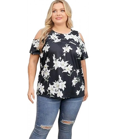 Womens Summer Casual T Shirts Cold Shoulder Short Sleeve Crewneck Loose Fit Plus Size Tops Pleated Flowy Flower White Black 1...