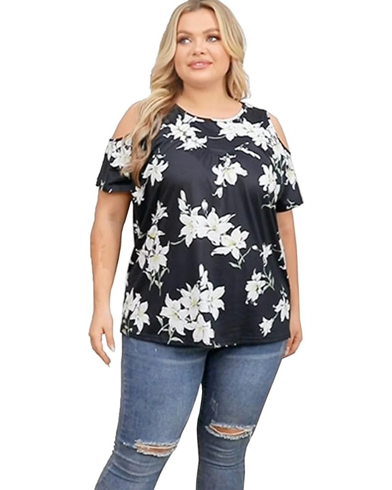 Womens Summer Casual T Shirts Cold Shoulder Short Sleeve Crewneck Loose Fit Plus Size Tops Pleated Flowy Flower White Black 1...