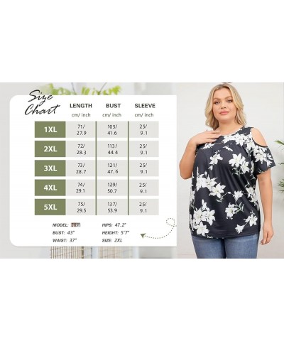 Womens Summer Casual T Shirts Cold Shoulder Short Sleeve Crewneck Loose Fit Plus Size Tops Pleated Flowy Flower White Black 1...