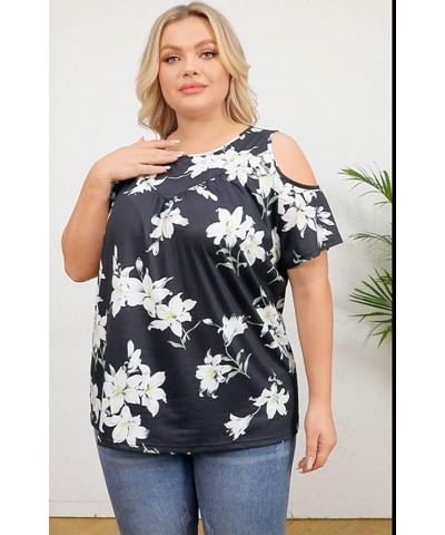 Womens Summer Casual T Shirts Cold Shoulder Short Sleeve Crewneck Loose Fit Plus Size Tops Pleated Flowy Flower White Black 1...