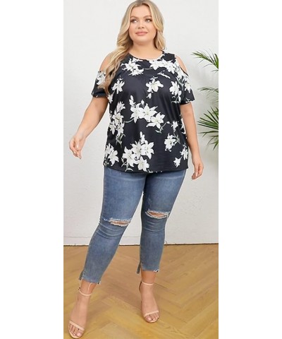 Womens Summer Casual T Shirts Cold Shoulder Short Sleeve Crewneck Loose Fit Plus Size Tops Pleated Flowy Flower White Black 1...