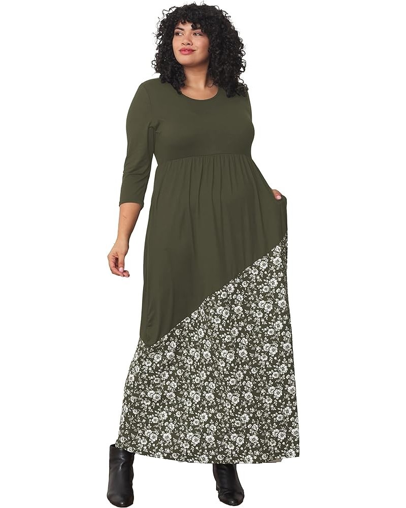 Eloges Women's ¾ Sleeve Contrast Floral | Stripe Maxi Dress Olive Asymmetrical Floral $10.72 Dresses