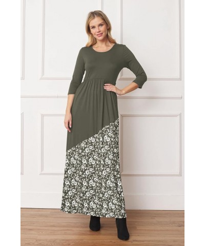 Eloges Women's ¾ Sleeve Contrast Floral | Stripe Maxi Dress Olive Asymmetrical Floral $10.72 Dresses